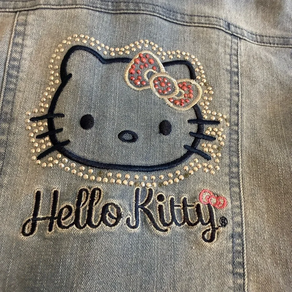 Hello Kitty Pink Embroidered Jean Denim Hooded Jacket Girl's Sz 6 Zip & Button